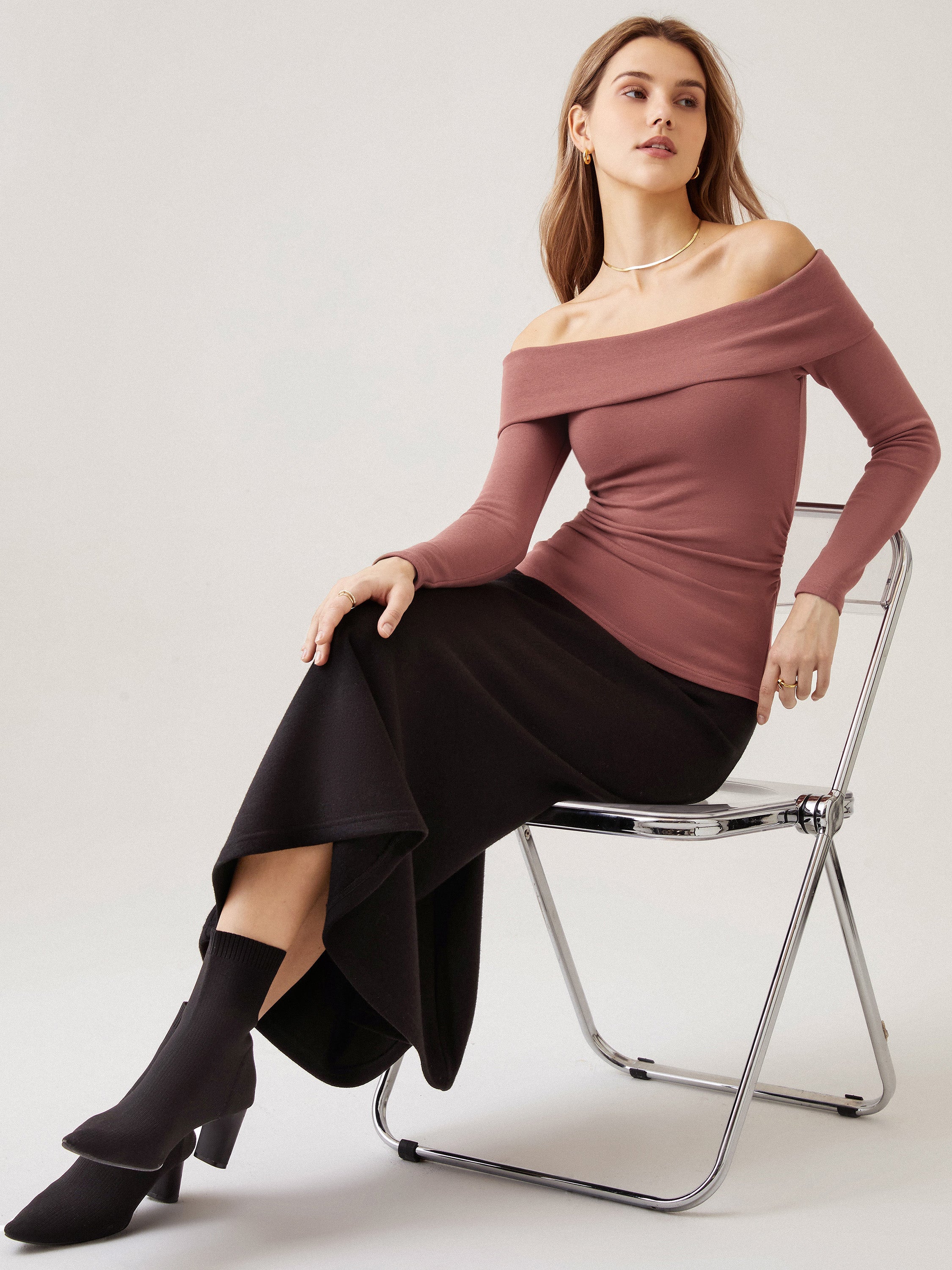 Seamless Off-Shoulder Long Sleeve Brami Top
